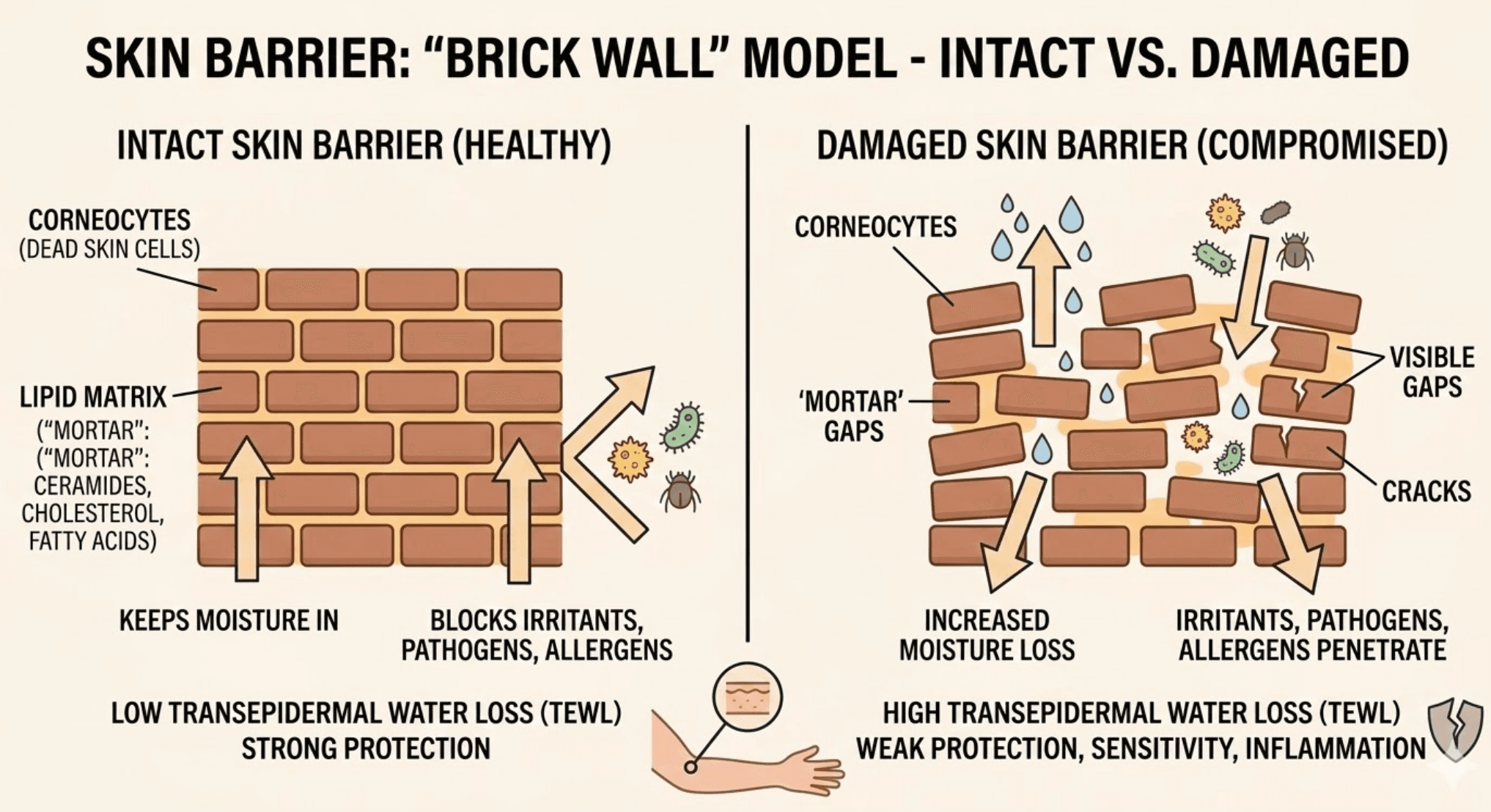 Illustration showing intact skin barrier compared to damaged skin barrier with gaps